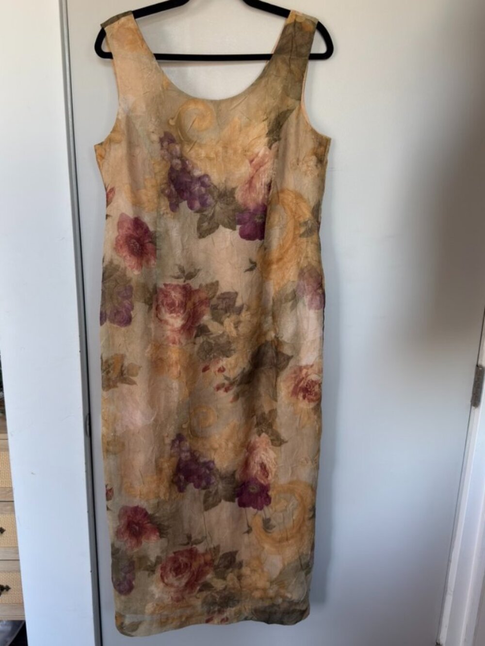 90s Vintage Floral Virgo II Sleeveless Long Dress Womens Size 14 Petite Crinkle